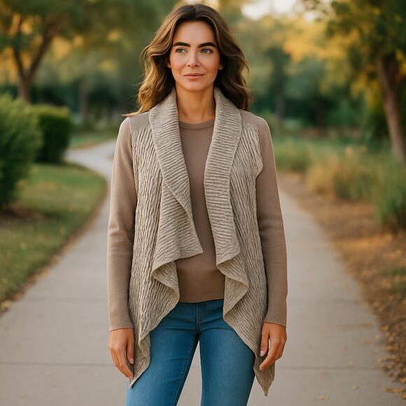 Prana Demure Cardigan Sweater Size Small beige Brown Waterfall Open Wool Blend - Picture 1 of 9